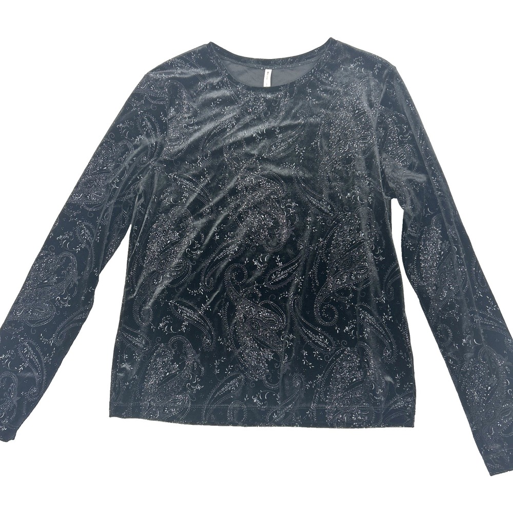 Women M‎ Top Y2K Black Velvet Sparkly Paisley Long Sleeve Whimsigoth Velour
